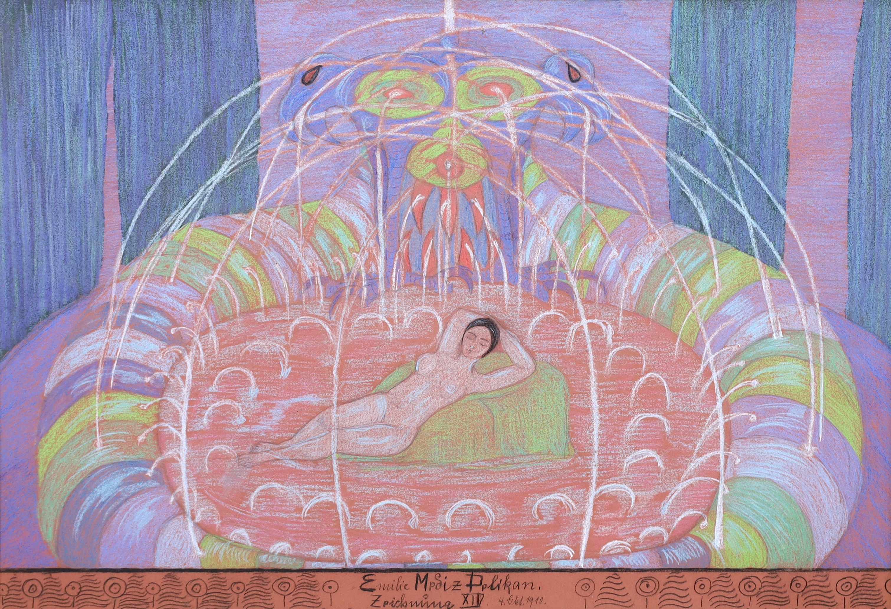 Emilie Mediz-Pelikan (Austrian, 1861-1908), Sleeping beauty beneath a fountain, pastel on pink paper, 33.5 x 49cm